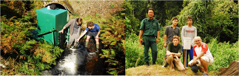 At LI6 water quality station, upland Wales and Maliau hydrology team, Borneo